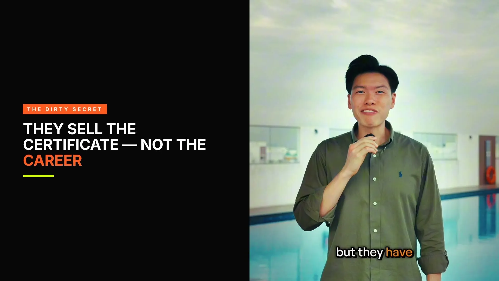 Opening of the Swimpreneur programme video: a title card beside the presenter at a condo pool